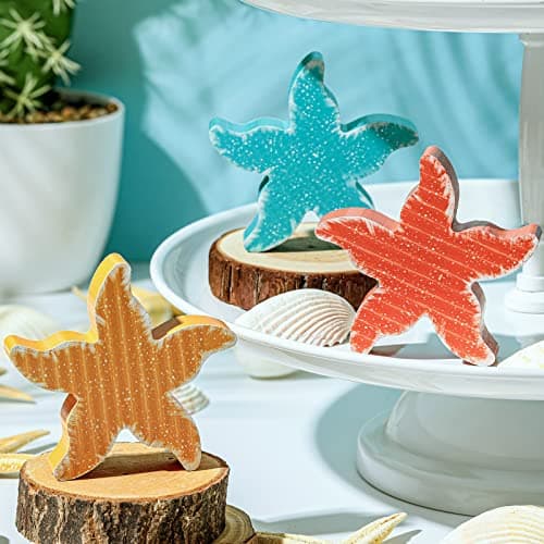 Best Summer Decors #7 from Yalikop 3 Pcs Ocean Beach Tiered Tray Decor Items Mini Summer Wooden Sign Set Farmhouse Rustic Wood Decorative Nautical Baby Shower Decorations for Home Office Bedroom Table Shelf Desk (Starfish)