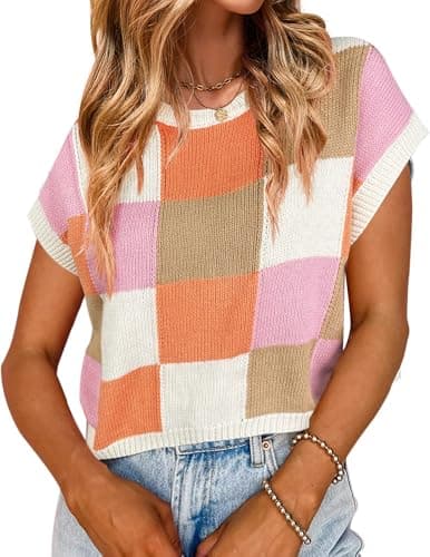 Best Knitted Crop Tops for Summer #1 from Libsorge Libsorge Women's Knit Crop Top - Checkered Cute Sweater, Cap Sleeve, Crew Neck | Trendy Casual Short Sleeve Orange