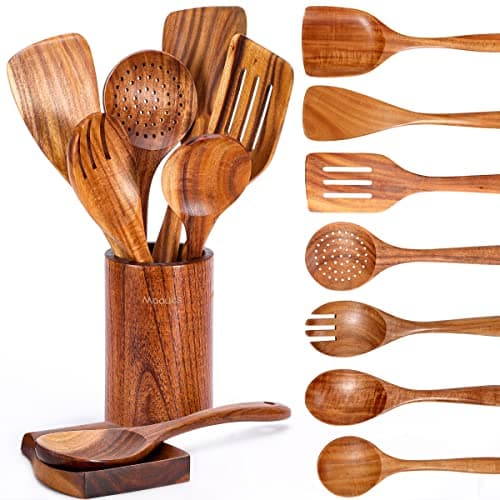 Best Cooking Utensil Sets #7 from Mooues Mooues 9 Piece Natural Teak Wooden Kitchen Utensil Set with Spoon Rest - Comfort Grip Cooking Spoons and Utensils Holder