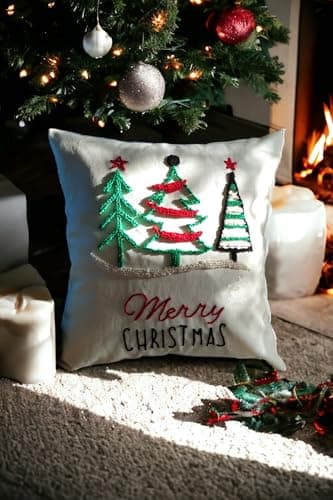 Best Christmas Pillow Covers #7 from Above 10 Life Above 10 Life Holiday Decorative Throw Pillow Cover, Cream Cotton Blend, 16"x16", Square, Modern Handcrafted Design with Christmas Wreath Pattern, Indoor/Outdoor Throw Pillow Cover