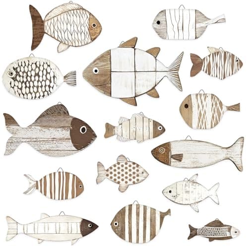 Best Fish Decors #3 from Spiareal Spiareal 15 Pcs Fish Wall Decor Wooden School of Fish Wall Art Nautical Decor Vintage Hanging Coastal Fishing Sculpture Ocean Theme Ornaments Gifts for Lake House Bathroom Bedroom(Rustic)
