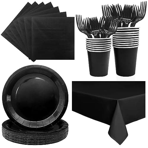 Best Black Paper Plates #4 from WYQJHKV Severs 25 Guests Black Paper Plates 9 Inch,Bulk Black Paper Plates Cups Napkins and Tablecloth,Disposable Cake Plates Paper Plate Black for Birthday Wedding Party