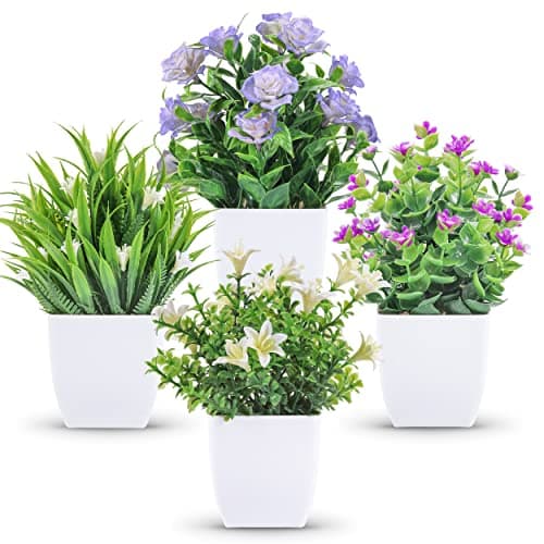 Best Spring Decorations #10 from Der Rose Der Rose 4 Pack Small Fake Plants Mini Artificial Faux Plants Indoor with Flowers Spring Decorations for Home Room Farmhouse Desk House Bathroom Decor
