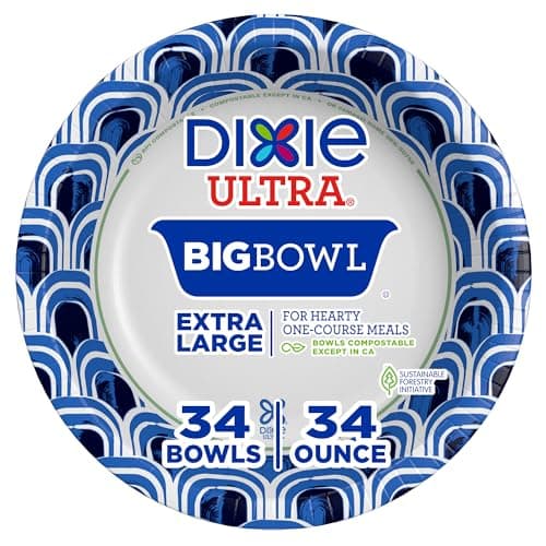 Best Soup Bowls #6 from Dixie Ultra Dixie Ultra Extra Large Paper Bowls, 34 oz, 34 Count, Compostable, Microwave Safe, Disposable Bowls for Heavy Meals, Soups, Stews, and Everyday Use
