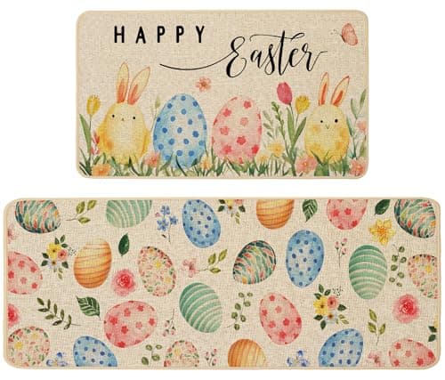 Best Easter Decorations #7 from Baccessor Baccessor Happy Easter Kitchen Mats Set of 2, Colorful Eggs Bunny Flower Kitchen Rugs for Floor Low-Profile Rabbits Spring Easter Holiday Home Decor 17x29 and 17x47 Inch