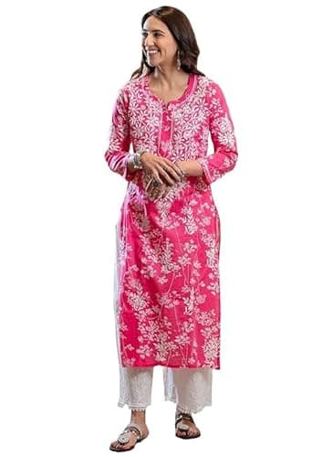Best Chikankari Kurtis for Women #1 from Aashita Creations Aashita Creations Women's Cotton Blend Chikankari Embroidered Straight Kurti, Pink and White, Only Kurti (Pink, Small)