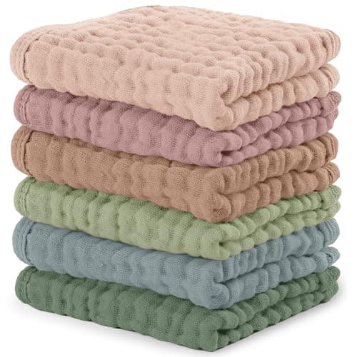 Best Baby Washcloths #4 from Comfy Cubs Comfy Cubs Muslin Baby Washcloths 6 Pack - Soft 6-Layer Cotton Wash Cloths for Sensitive Skin - 10"x10" Large, Gentle, Absorbent Infant Essentials for Newborn and Toddlers - Multicolor