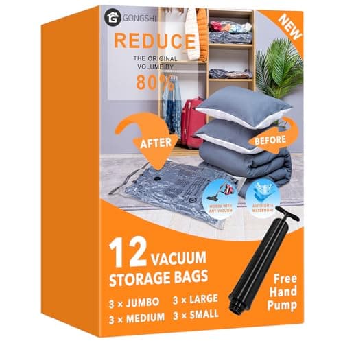 Best Vacuum Storage Bags #7 from GONGSHI 12 Pack Vacuum Storage Bags (3 Jumbo, 3 Large, 3 Medium, 3 Small),Plastic Packaging Bags,Space Saver Sealer Compression Bags with Travel Hand Pump for Blankets, Comforters, Pillows, Clothes Storage