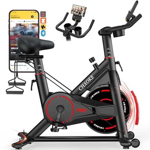 Best Exercise Bikes #1 from CHAOKE CHAOKE Exercise Bike, Quiet Adjustable Magnetic Stationary Bike for Home Cardio with App Compatible, 350LB Weight Capacity Indoor Cycling Bike with Large Seat, Dumbbell Rack, Pull Cords & LCD Display