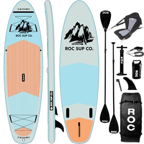 Best Paddle Boards #3 from Roc Roc Inflatable Stand Up Paddle Boards with Premium SUP Paddle Board Accessories, Wide Stable Design, Non-Slip Comfort Deck for Youth & Adults (Cloud W/Kayak Seat)