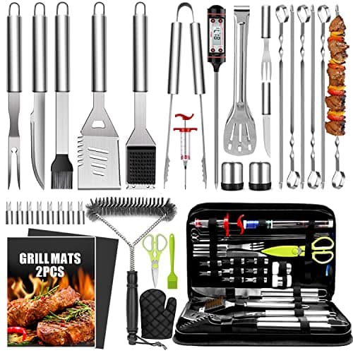 Best Grill Accessories Kits #5 from Taimasi 34Pcs Grill Accessories Grilling Gifts for Men, 16 Inches Heavy Duty BBQ Accessories, Stainless Steel BBQ Tools with Thermometer, Grill Mats for Backyard, BBQ Set for Men Women