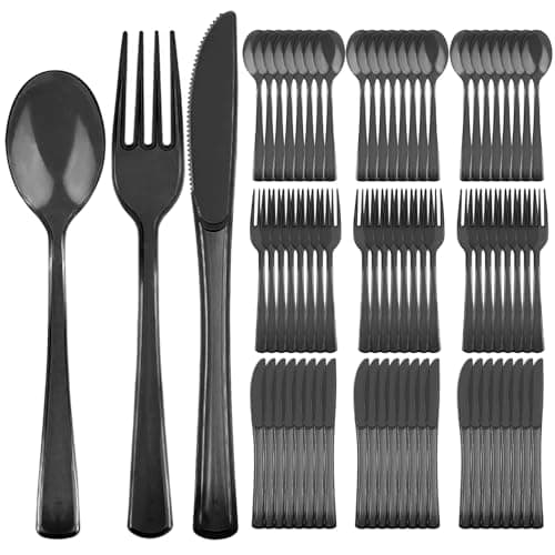 Best Black Plastic Silverwares #5 from CC-SLZP 75 Pack Disposable Cutlery Set, Black Plastic Silverware Clear Heavy Duty Utensils Set Includes 25 Forks 25 Knives 25 Spoons for Birthday Wedding Party Picnics Outdoor Events (75, Black)