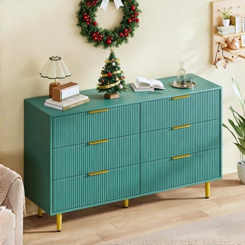 Best Dressers for Bedroom #5 from IDEALHOUSE IDEALHOUSE 6 Drawer Dresser for Bedroom, 56" Wide Wood Chest of Drawers, Fluted Dresser with Golden Metal Handle, Large Capacity Organizer for Hallway and Entryway, Easy Assembly, Green
