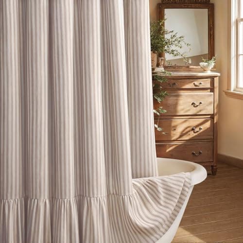 Best Brown Shower Curtains #7 from XOGUIBO XOGUIBO Farmhouse Shower Curtain with Ruffle Hem Linen Shower Curtains for Bathroom Country Vintage Rustic Natural Fabric, Cream-Brown Stripe 72" W x 72" L