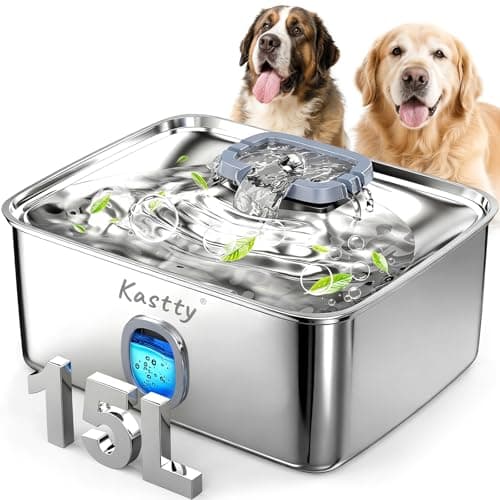 Best Cat Water Fountains with Triple Filtration #1 from Kastty Kastty 4 Gal Dog Water Fountain for Large Dogs,15L Stainless Steel Dog Water Bowl Dispenser Triple Filtration,Ultra Quiet Automatic Pet Water Fountain with Water Level Window and LED Light(FS76)