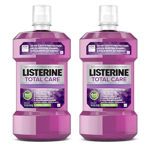 Best Mouthwashes #3 from Listerine Listerine Total Care Anticavity Fluoride Mouthwash, 6-in-1 Rinse Helps Kill 99% of Bad Breath Germs, Prevents Cavities, Strengthens Teeth, Bad Breath Treatment for Adults, Fresh Mint, Twin Pack, 2x1 L