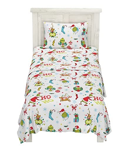 Best Christmas Bedding for Kids #6 from Franco Franco Grinch by Dr. Seuss Holiday & Christmas Bedding Super Soft 100% Cotton Flannel Sheet Set, 3 pcs, Twin, (Official Dr. Seuss Product)