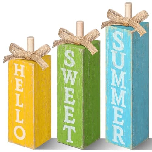 Best Summer Decors #1 from Seeloowy Seeloowy 3 Pcs Hello Sweet Summer Table Block Sign Hello Summer Tiered Tray Decor Rustic Farmhouse Wooden Tabletop Centerpieces for Home Kitchen Shelf Indoor Party Decorations