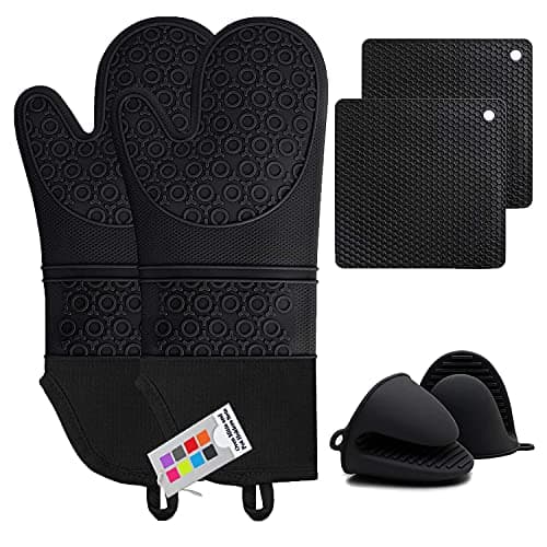 Best Silicone Oven Mitt Sets #1 from MTZRFLL Silicone Oven Mitts and Pot Holders Sets, MTZRFLL Extra Long Heat Resistant Oven Gloves with Hot Pads and Mini Oven Mits Set for Kitchen Baking Cooking, Soft Quilted Lining, Pack of 6 (Black)