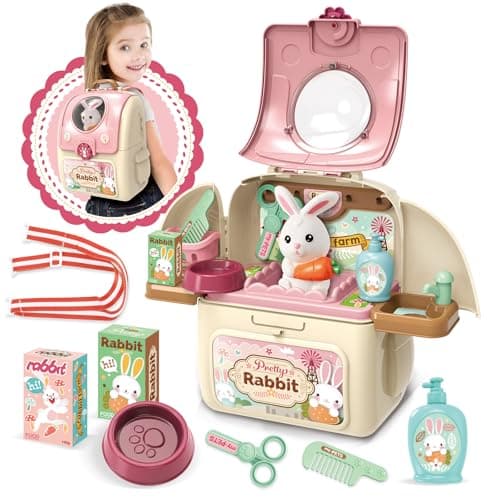 Best Easter Gifts for Toddlers #4 from Shemira Shemira Girl Toys Gifts for 2 3 4 5 6 Years Old, Toddler Girl Toys, Bunny Toys for Kids, Easters' Gifts for Girls, Pet Care Pretend Toys with Toy Bunny & Storage Backpack
