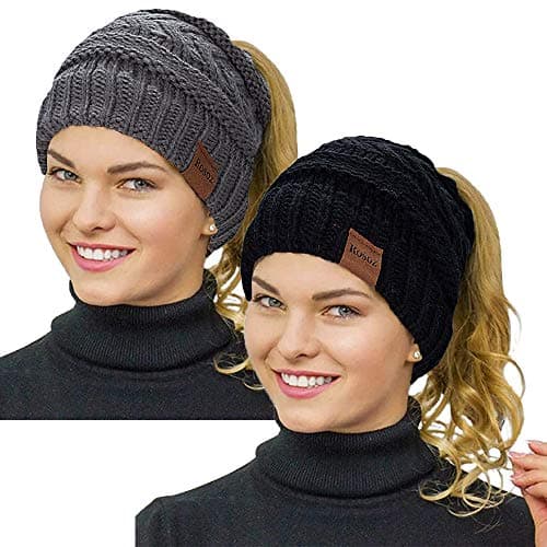 Best Beanies for Women #5 from Rosoz Rosoz 2 Pack Ponytail Beanie for Women,Winter Warm Beanie Tail Soft Stretch Cable Knit Messy High Bun Hat Black/Grey