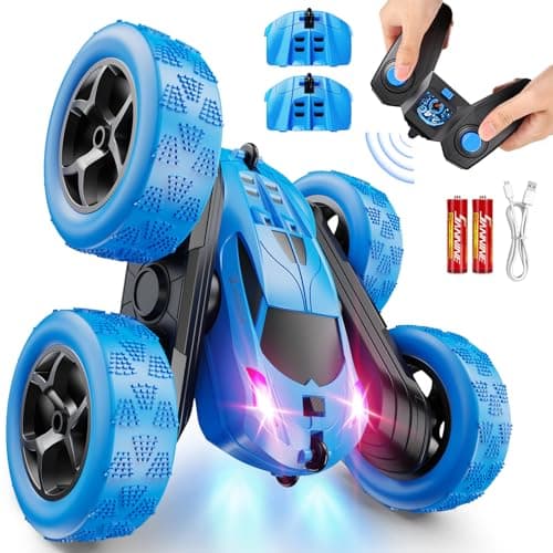Best Birthday Gifts for Boys #10 from QUNREDA QUNREDA Remote Control Car, RC Cars Toys for Kids Ages 6-12, 4WD Stunt Car with LED Lights & 360° Flips, 2.4GHz, Upgraded USB-C Modular Batteries, 8-10 Year Old Boys Birthday Gift 1-Blue