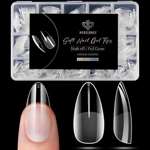 Best Nail Tips #9 from modelones Modelones Almond Fake Nail Tips -510Pcs Medium Soft Gel Nail Tips Almond Shape Pre Etched Half Matte Full Cover Clear Acrylic Gel Kit False Press on for Extension Manicure Salon DIY at Home 15 Sizes