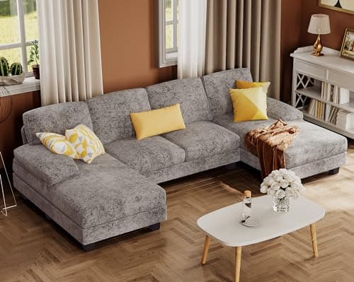Best Home Furnitures #6 from Furmax Furmax Sectional Couches for Living Room, U-Shaped Sofa Couch with Linen Fabric, 4 Seat Sofa Set with Double Chaise for Apartment (Fabric, Grey)