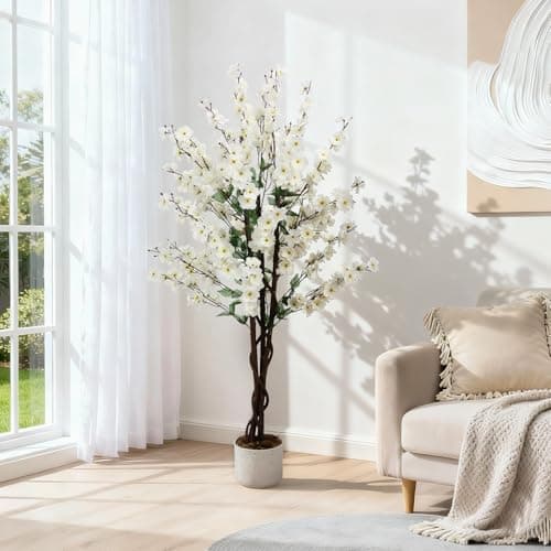 Best Artificial Plants #2 from GarveeHome 4ft GarveeHome Artificial Wintersweet Tree Plant with White Planter and Lifelike White Plum Blossom, Fake Potted Flower Tree for Indoor Living Room Home Office Decor - Realistic