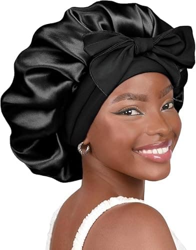 Best Silk Bonnet for Sleeping #2 from YANIBEST YANIBEST Silk Bonnet for Sleeping Women Adjustable Double Layer Satin Bonnet Reduce Friction Prevent Frizz Natural Curly Hair, Black