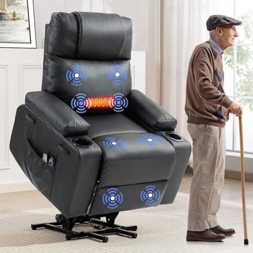 Best Massage Recliners #5 from Brage Living Power Lift Recliner Chair for Elderly with Massage & Heat, 160ยฐ Adjustable PU Leather Electric Recliner with Remote, Cup Holders, Side Pockets, and Stand Assist for Living Room, Bedroom (Black)