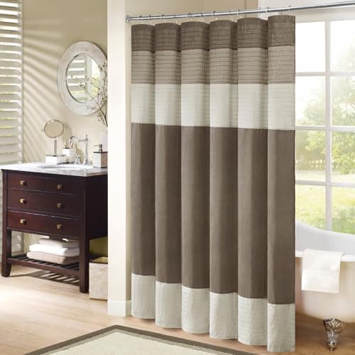 Best Brown Shower Curtains #9 from Madison Park Madison Park Amherst Bathroom Shower Curtain Faux Silk Pieced Striped Modern Microfiber Bath Curtains, 72x72 Inches, Natural
