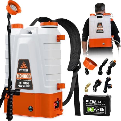 Best Professional Backpack Sprayers #1 from Petra PetraTools Battery Powered Backpack Sprayer 4 Gallon - 6 Hours Long Battery Life & Padded Straps for Comfort - HD4000 Electric Backpack Garden Sprayer with 6 Spray Nozzles & 90PSI Adjustable Pressure
