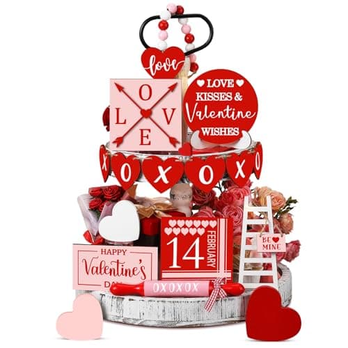 Best Valentine's Day Decors #10 from Spiareal Spiareal 15 Pcs Valentine's Day Tiered Tray Decor Set Red Heart Love Wooden Signs Rustic Farmhouse Tray Signs Valentine Day Table Decorations for Romantic XOXO Home Kitchen Shelf Decor(Red, Pink)