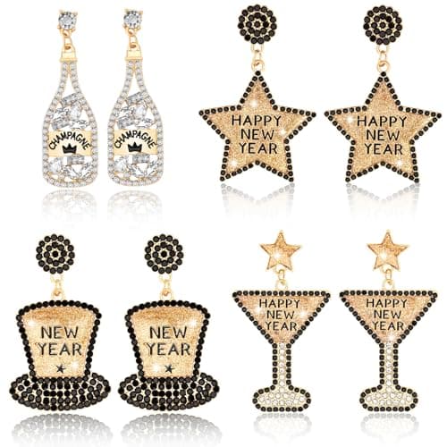 Best New Year Earrings #8 from DTOFOOT DTOFOOT 4 Pairs Sparkly New Years Earring for Women,New Years Eve Earrings Glitter Rhinestone Stud Beaded Champagne Bottle Drop Dangle Set for Party Earrings Holiday