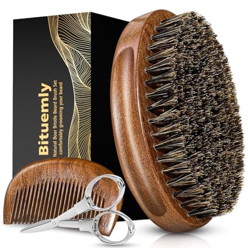Best Beard Brushes #10 from Bituemly Bituemly Beard Brush, Natural Boar Bristles Beard Brush for Men and Wooden Sandalwood Pocket Beard Comb Set, Facial Hair Grooming Kit with Mustache Scissors as a Styling Tool, Growth, Detangles, Shine