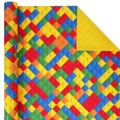 Best Wrapping Paper for Boys #1 from BIOBROWN BIOBROWN Reversible Building Blocks Wrapping Paper for Boys Girls - 17 Inch X 33 Ft - Colorful Building Bricks Design Gift Wrap Paper for Kids Birthday Party Toy Lovers