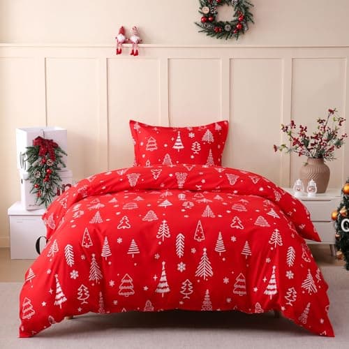 Best Christmas Bedding for Kids #9 from JSD JSD Red Christmas Tree Kids Duvet Cover Set Twin Size, 2 Piece Xmas Comforter Cover with Pillow Sham Zipper Closure, Comforter Not Included
