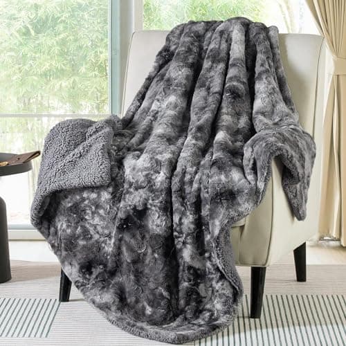 Best Faux Fur Throw Blankets #7 from Bedsure Bedsure GentleSoft Sherpa Fluffy Throw Blanket - Fleece Warm and Cozy Throw for Women Gift, Plush & Fuzzy Faux Fur Christmas Blanket for Couch, Sofa, Bed Decor, Tie Dye Design, Grey, 50x60 Inches