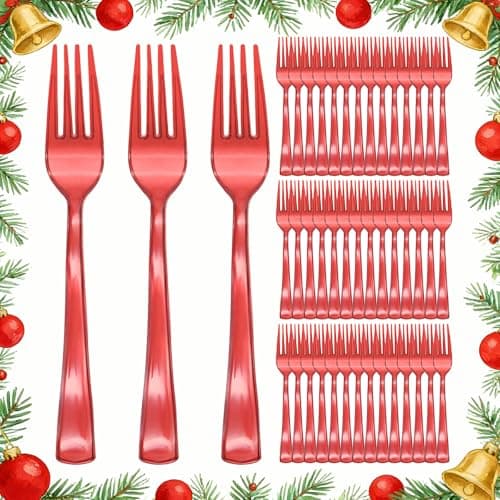 Best Red Plastic Forks #10 from joy akkess 100Pcs Red Plastic forks, Red Plastic Silverware, Disposable Cutlery Heavy Duty for Birthday, BBQ, Picnic, Christmas