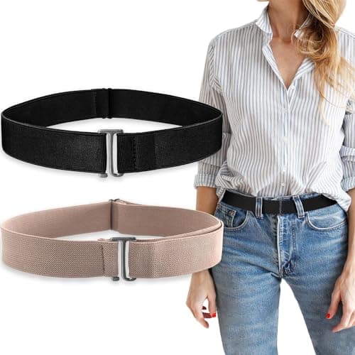 Best Belts for Jeans #4 from HAWOWZ HAWOWZ 2Pcs No Show Stretch Belt for Women Invisible Elastic Tuck Band, Adjustable Strap Crop Belt with Flat Buckle for Jeans Pants Dresses