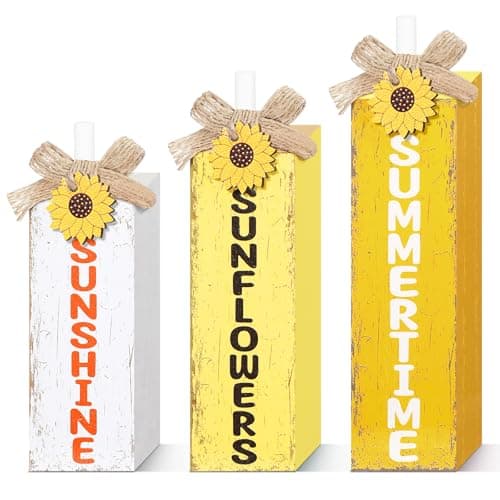 Best Summer Decors #3 from MiniInflat MiniInflat 3 Pcs Sunflower Table Decor Summer Wooden Block Sign Summer Tiered Tray Decor Rustic Farmhouse Sunflower Wood Tabletop Centerpieces for Home Kitchen Shelf Office Decorations