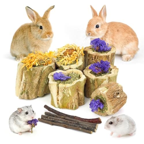 Best Hamster Toys #2 from Ilofdsn Ilofdsn 3.5oz Rabbit Chew Toys for Teeth,Bunny Papaya Wood Chew Toys Guinea Pig Treats with Apple Stick for Rabbits Guinea Pigs Hamsters Chinchillas Gerbils Prevent Teeth Overgrowth (3.5 oz, Flower)