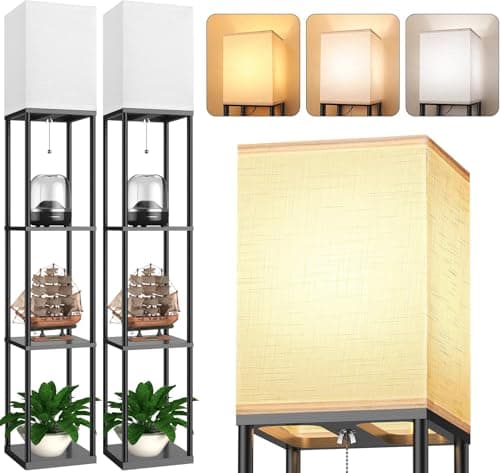 Best Floor Lamp with Shelves #6 from PARTPHONER Floor Lamp with Shelves for Living Room 2 Pack, Shelf Floor Lamp with 3 CCT LED Bulb, Corner Display Standing Column Lamp Etagere Organizer Tower Nightstand with White Linen Shade for Bedroom, Office