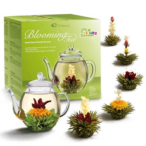 Best Tea Gift Sets #3 from Creano Creano Blooming Tea Gift Set with Glass Teapot 17oz (500ml) - Green Tea Fruity Flavoured Tea Flowers in 6 Varieties - Flowering Tea Gift for Easter