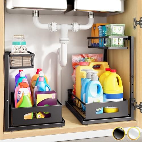 Best Under Sink Cabinet Organizers #5 from Fabutier Under Sink Organizer , 2 Pack Height Adjustable Cabinet Organizer with Slide Out Drawer, Pull Out Under Sink Storage, Multi-Purpose 2 Tier Sink Shelves for Kitchen Bathroom Pantry (Black, 2 Pack)