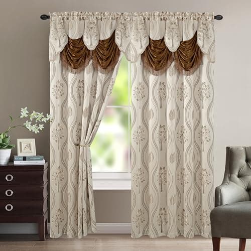 Best Window Curtains with Valance #1 from Elegant Comfort Elegant Comfort Luxurious Beautiful Curtain Panel Set with Attached Valance and Backing 54" X 84 inch (Set of 2), Beige