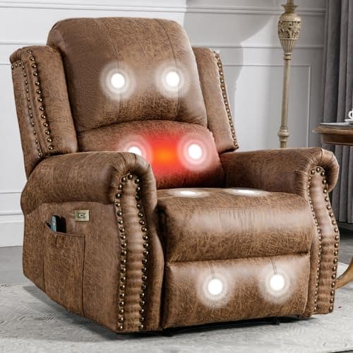 Best Massage Recliners #6 from HAOMARKETS HAOMARKETS Classic Power Recliner Chair with Massage and Heat, Breathable Faux Leather Electric Recliner with USB Port, Overstuffed Reclining Sofa with Rivets for Living Room, Brown