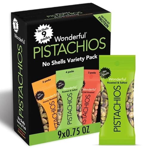 Best Pistachios #1 from Wonderful Pistachios Wonderful Pistachios No Shells, 3 Flavors Mixed Variety Pack of 9 (0.75 Ounce), Roasted & Salted Nuts (4), Chili (3), Honey (2), Protein Snacks, Gluten Free, Healthy Snacks Variety Pack for Adults
