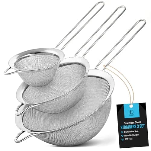 Best Kitchen Strainers #3 from Eleen ELEEN Premium Stainless Steel Fine Mesh Strainers for Kitchen 3-Piece Set with Non-Slip Handle, Small, Medium & Large Sieves, Colanders and Sifter for Sifting, Straining, Pastas Tea, Rice Vegetables